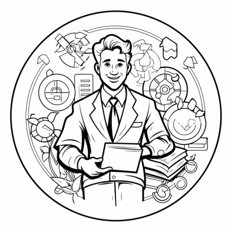 Businessman holding a document in his hands. Coloring book for a