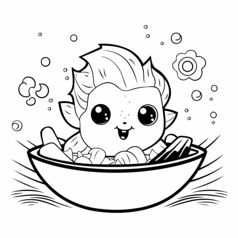 Black and White Cartoon Illustration of Cute Cat Bathing in Bowl