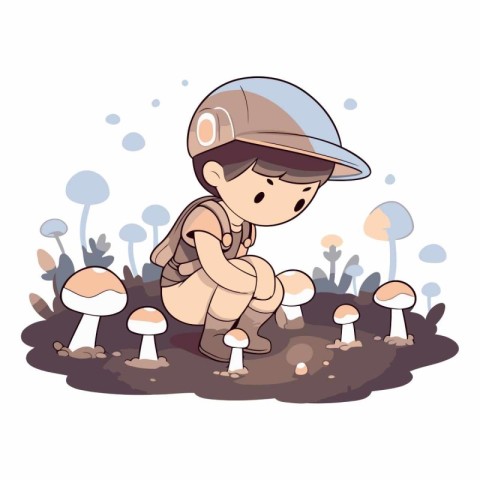 Cute little boy playing in the mushroom garden.