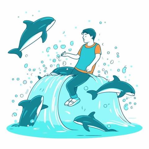 Dolphinarium of a man swimming with dolphins.