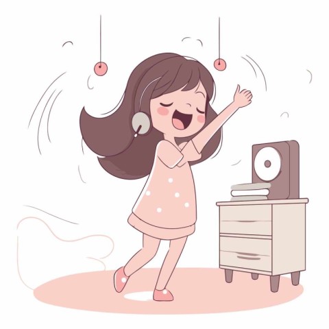 Cute little girl in pajamas dancing and listening to music