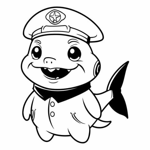 Black and White Cartoon Illustration of Cute Fish Policeman Char