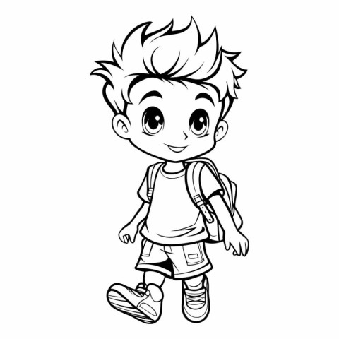Cute boy with backpack for coloring book. Isolated on white back