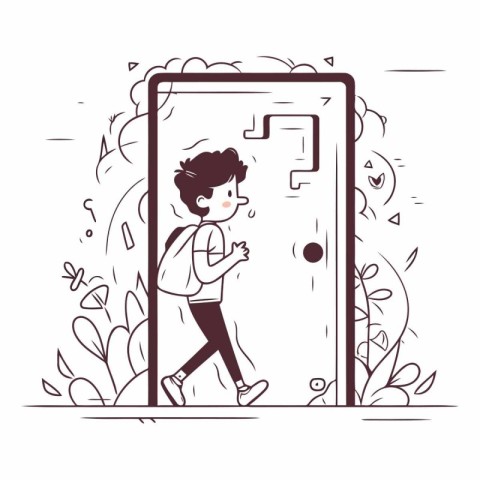 Illustration of a boy looking at a door in the park.