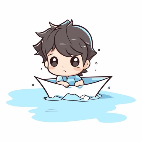 Cute little boy riding a paper boat in water.