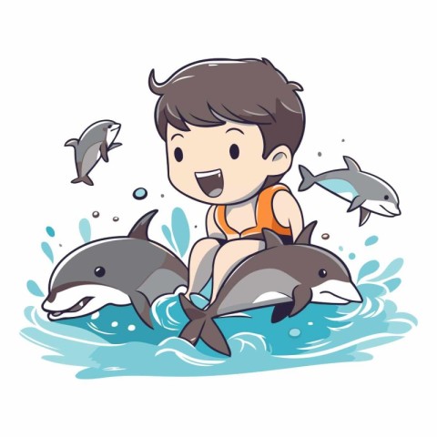 Boy playing with dolphins in the water of a cute cartoon charact