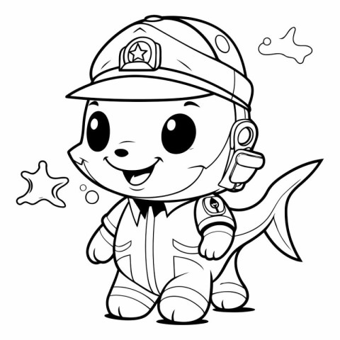 Black and White Cartoon Illustration of Cute Little Fireman Char