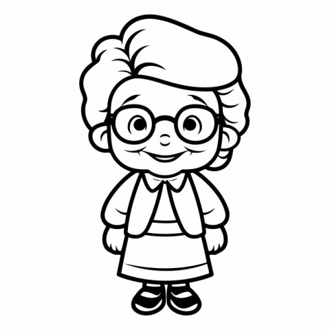 Black And White Cartoon Illustration of Grandmother with Glasses