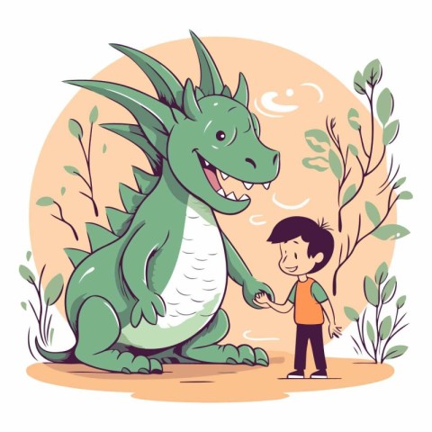 Cute little boy with big green dragon. Cartoon vector illustrati