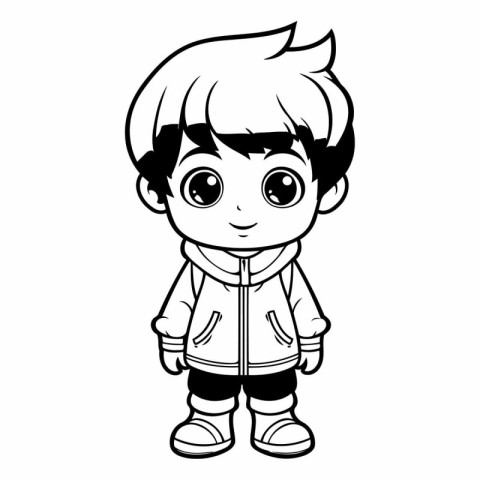 Black and White Cartoon Illustration of Cute Kid Boy Wearing War