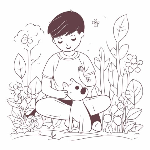 Cute little boy playing with dog in the garden.