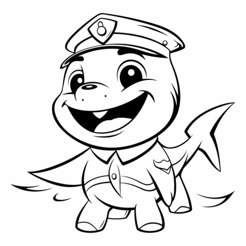 Black and White Cartoon Illustration of Cute Little Shark Captai