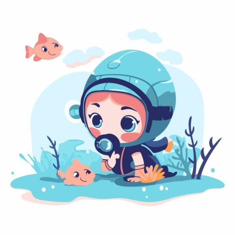 Cute little boy in diving suit and helmet swimming underwater