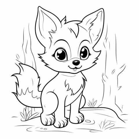 Cute little fox coloring page for kids. Cartoon style.