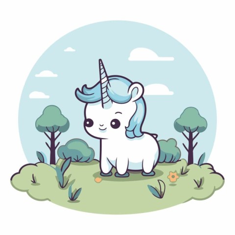 Cute cartoon unicorn in the forest for your design