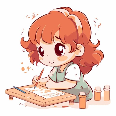 Illustration of a Cute Red Haired Girl Drawing a Picture