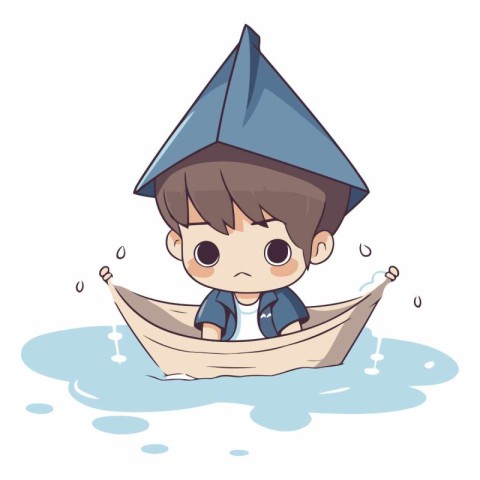 Little boy in a paper boat. Cute cartoon vector illustration.