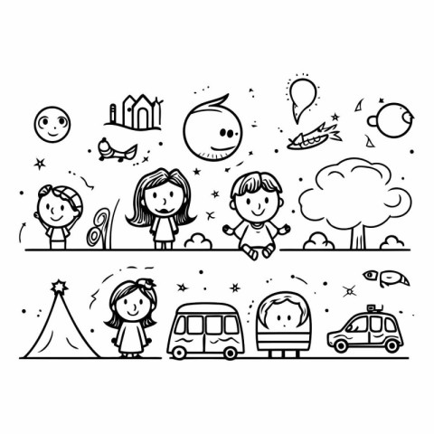 Vector set of doodle kids playing and camping. Illustration of c