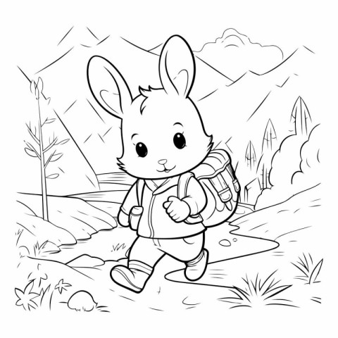 Rabbit with backpack. Coloring book for children.