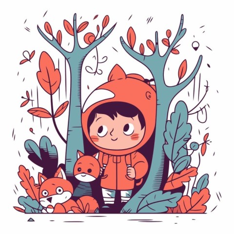 Cute little boy with fox in the forest.