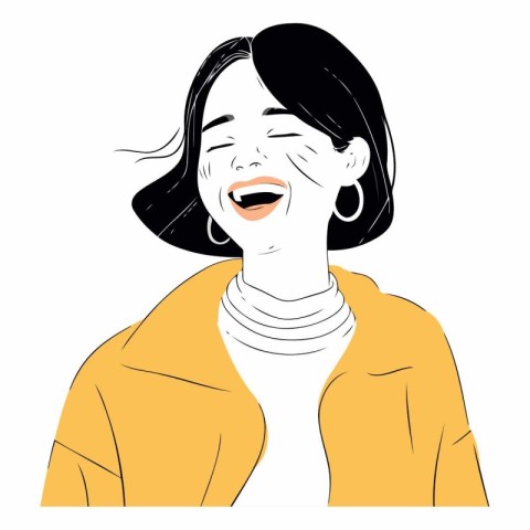 Vector illustration of a laughing woman in a yellow coat. Isolat