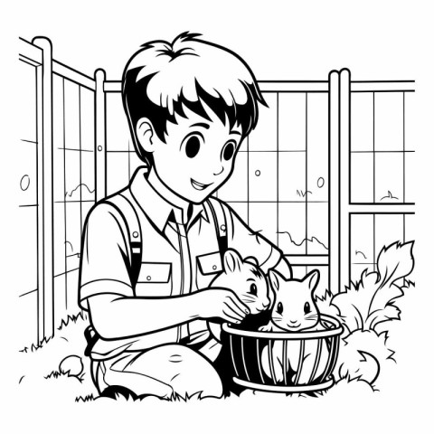 Teenager boy with a rabbit on a farm. Black and white illustrati