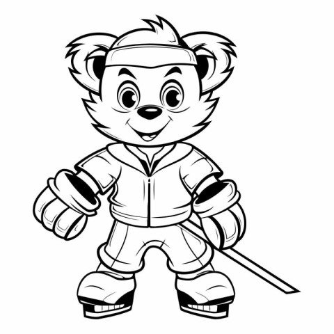 Black and White Cartoon Illustration of Bear Hockey Mascot Chara