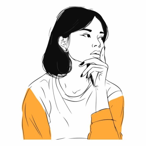 Illustration of a young woman thinking with her hand on her chin