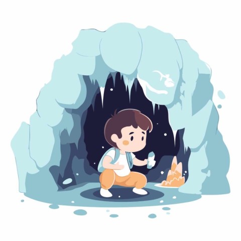 Little boy in cave. Cute cartoon character.