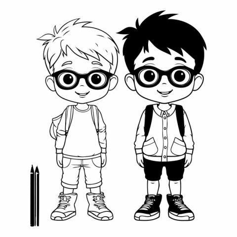 cute little students boys with school supplies cartoon vector il