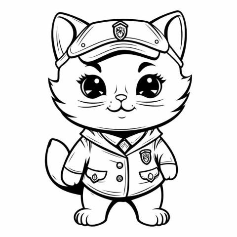 Black and White Cartoon Illustration of Cute Cat Police Officer