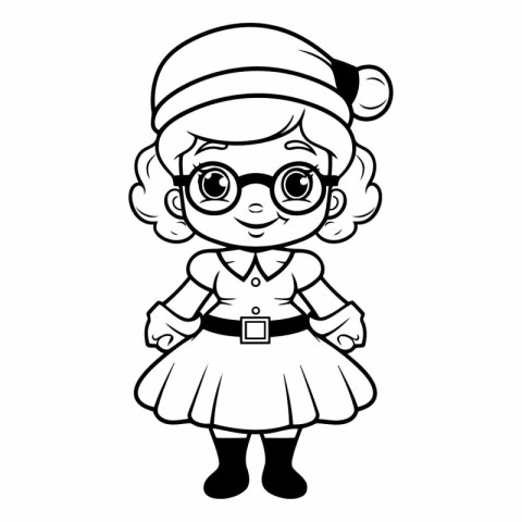 Black and White Cartoon Illustration of Cute Little Girl with Gl