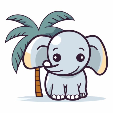 Cute cartoon elephant with palm tree on white background.