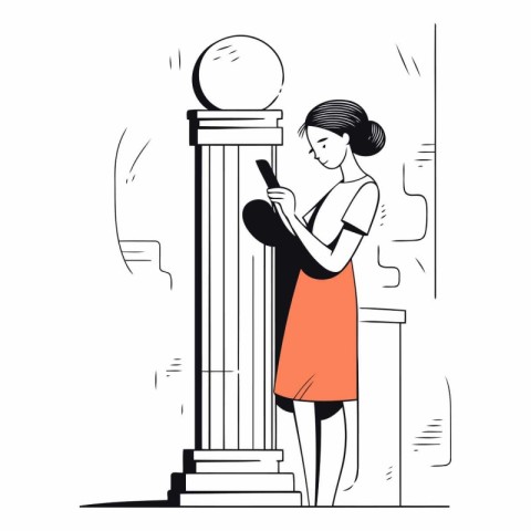 Woman using mobile phone and standing near column in sketch styl