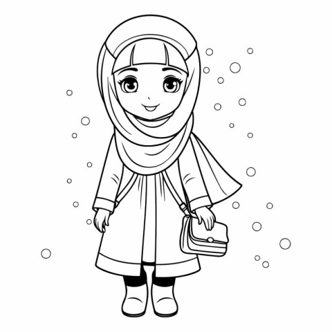 Arabic girl with a bag of gifts. Coloring book for children.