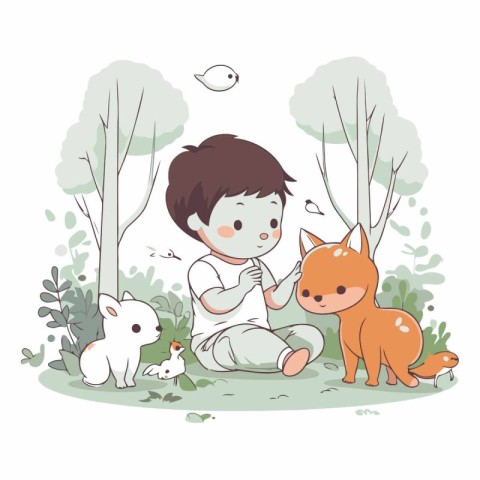 Little boy playing with his pets in the park.