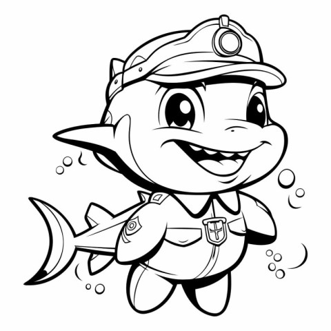 Black and White Cartoon Illustration of Cute Little Fish Captain