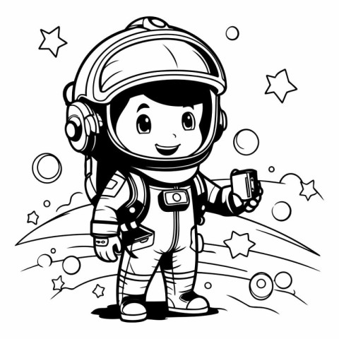 Cute cartoon astronaut in space suit and helmet.