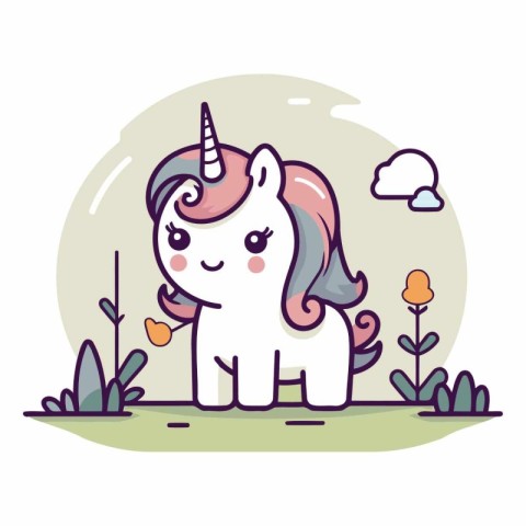 Cute cartoon unicorn in the park. flat design