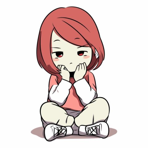 Illustration of a Cute Girl Crying While Sitting on the Floor