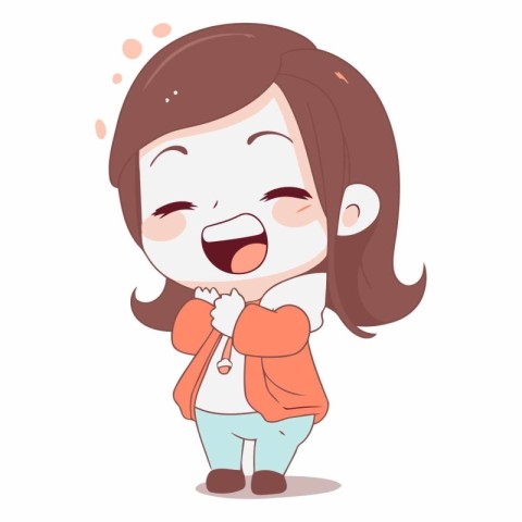 Cute little girl laughing and smiling in cartoon style.