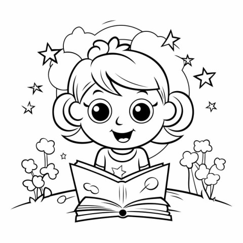 Coloring Page Outline Of a Cute Little Girl Reading a Book