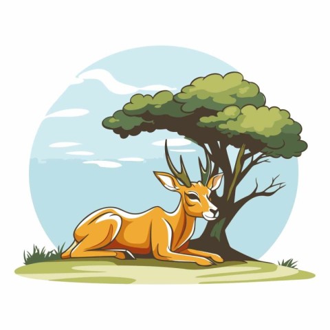 Deer sitting on the grass with a tree.