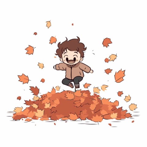 Happy little boy jumping in autumn leaves isolated on white back