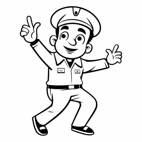 Policeman Waving - Black and White Cartoon Illustration. Vector