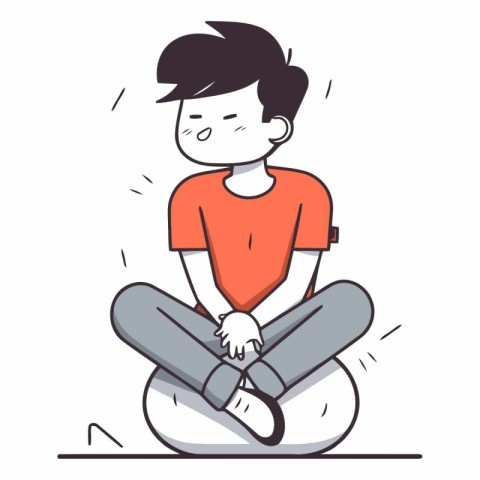 Sad boy sitting on the floor in cartoon style.