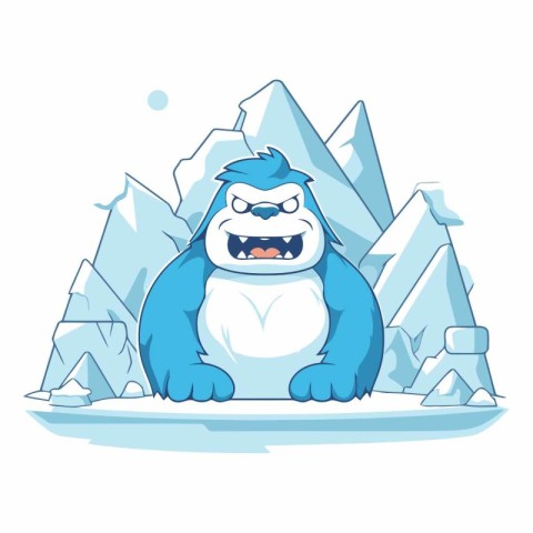 Funny cartoon gorilla on the background of snowy mountains.