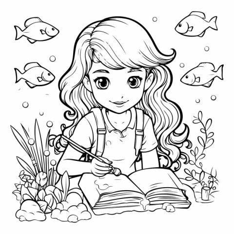 Cute cartoon girl with book and fish coloring page