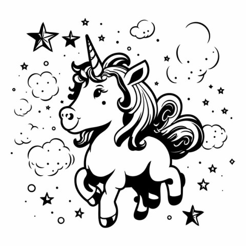 Unicorn with stars and clouds. Black and white illustration.