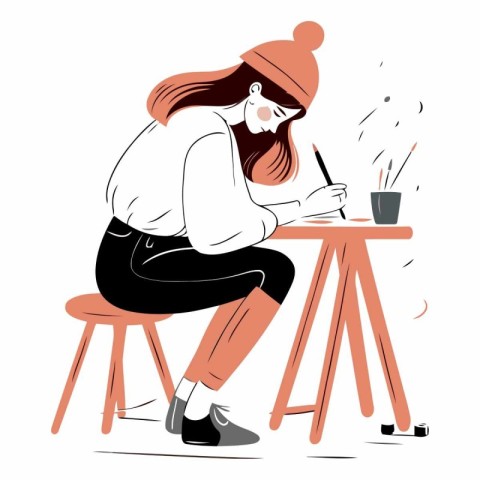 Vector illustration of a girl in a hat sitting at a table with a